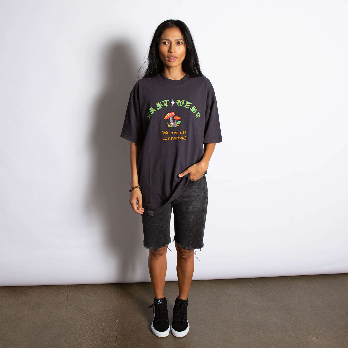 East West "We Are All Connected" Mushroom Tee - Dusty Navy is Kim my