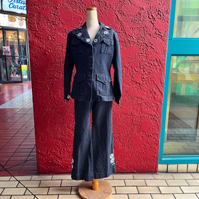 Daisy Embroidered Denim Jacket and Flared Pants Set