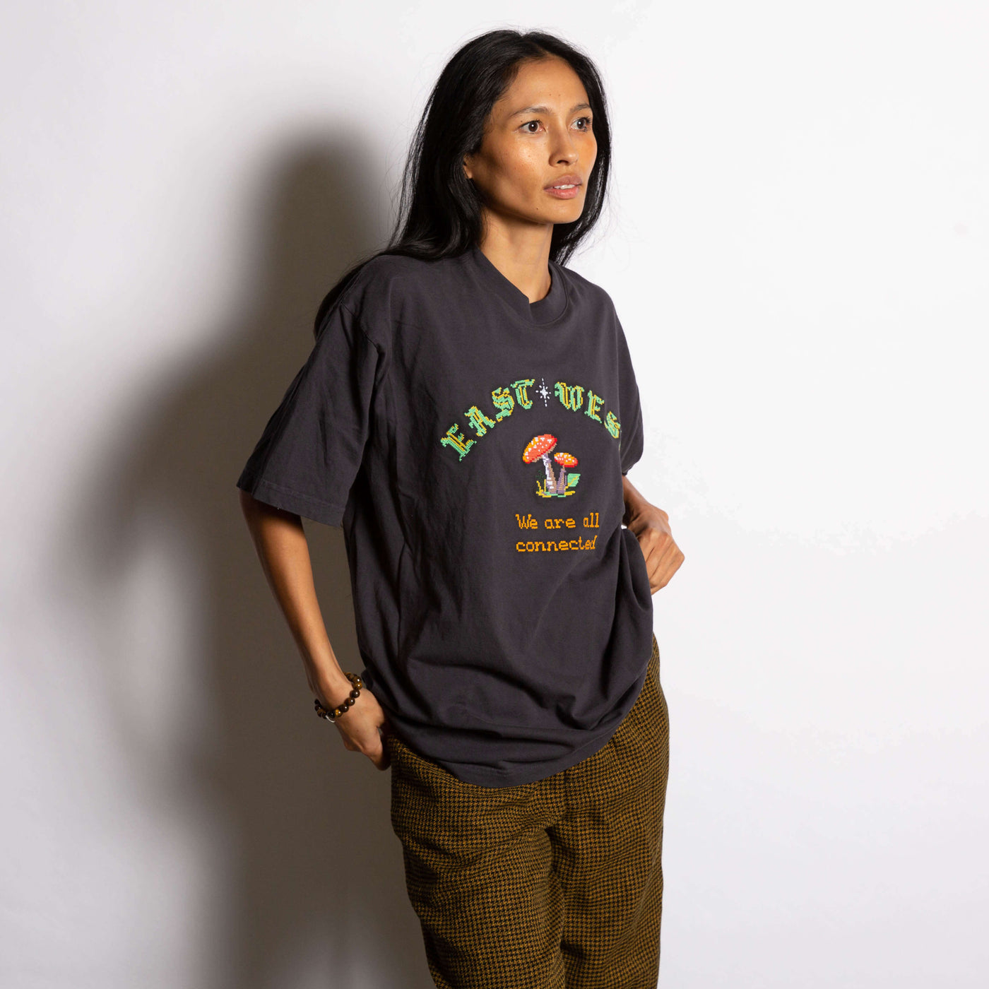 East West "We Are All Connected" Mushroom Tee - Dusty Navy is Kim my