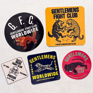 Collection of 'Gentlemen's Fight Club' branded stickers on a white background
