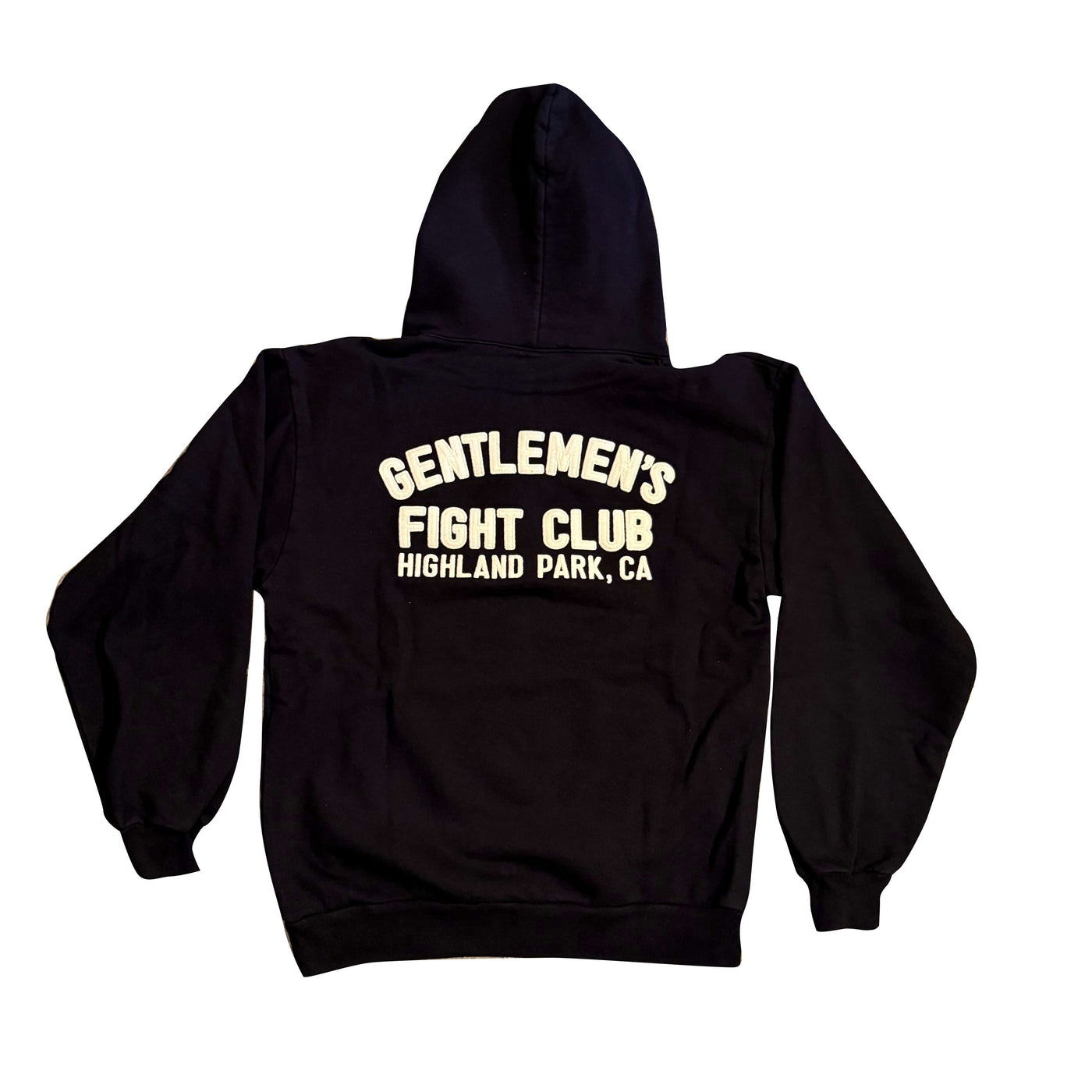 Black hoodie with 'Gentlemen's Fight Club Highland Park, CA' text on the back against a white background