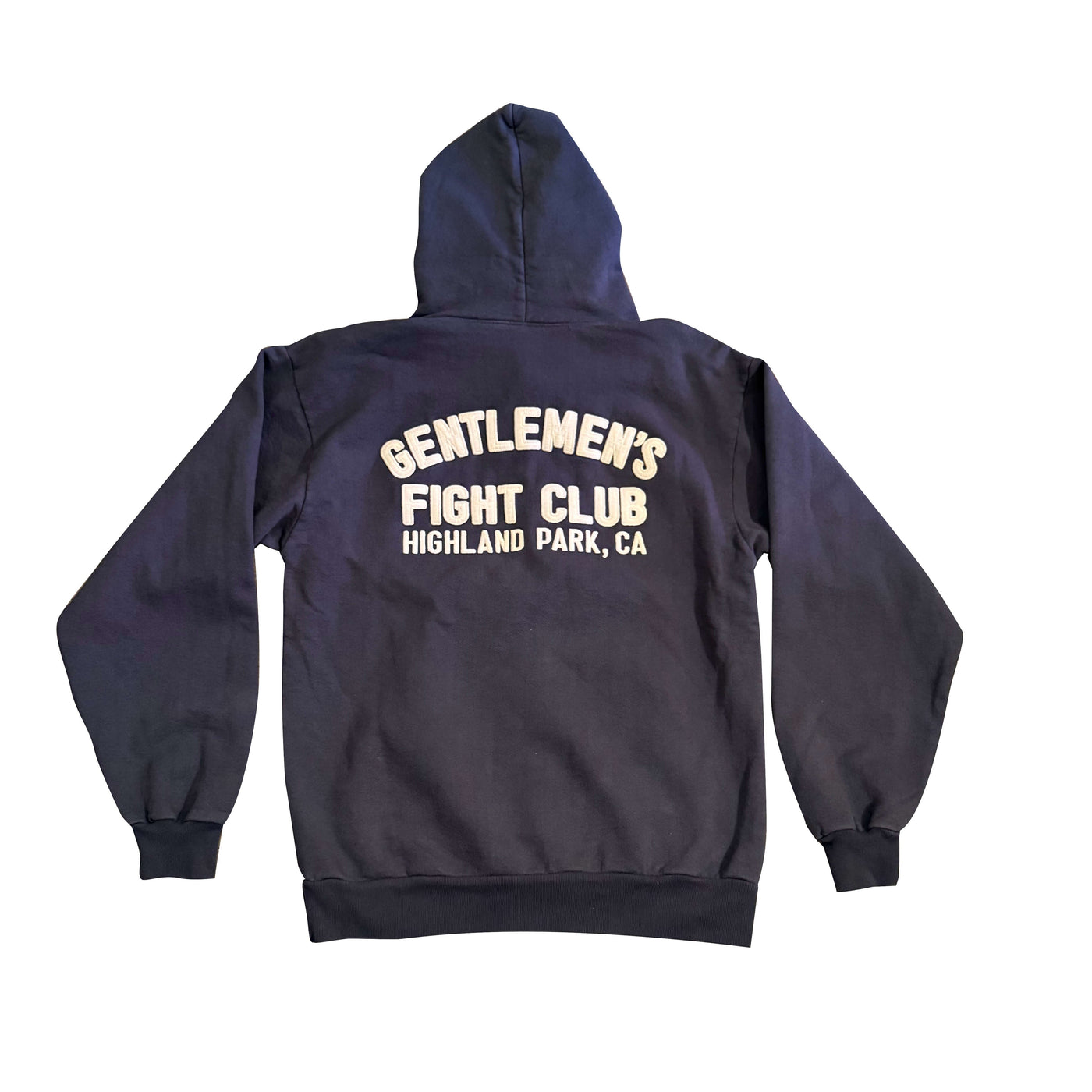 Dark Grey hoodie with 'Gentlemen's Fight Club Highland Park, CA' text on the back against a white background