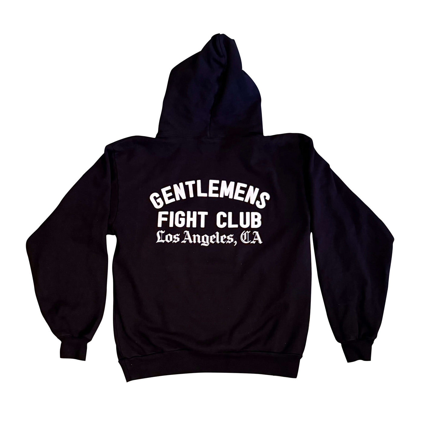 Black hoodie with 'Gentlemen's Fight Club Los Angeles, CA' text on a white background