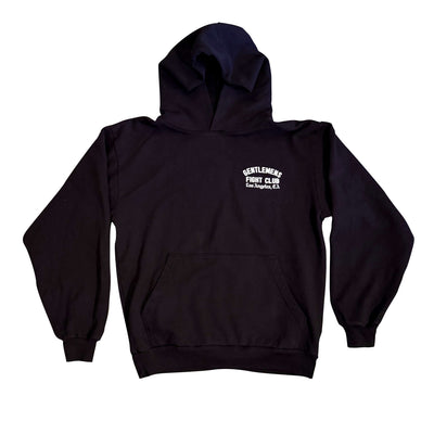 Black hoodie with white text on a white background