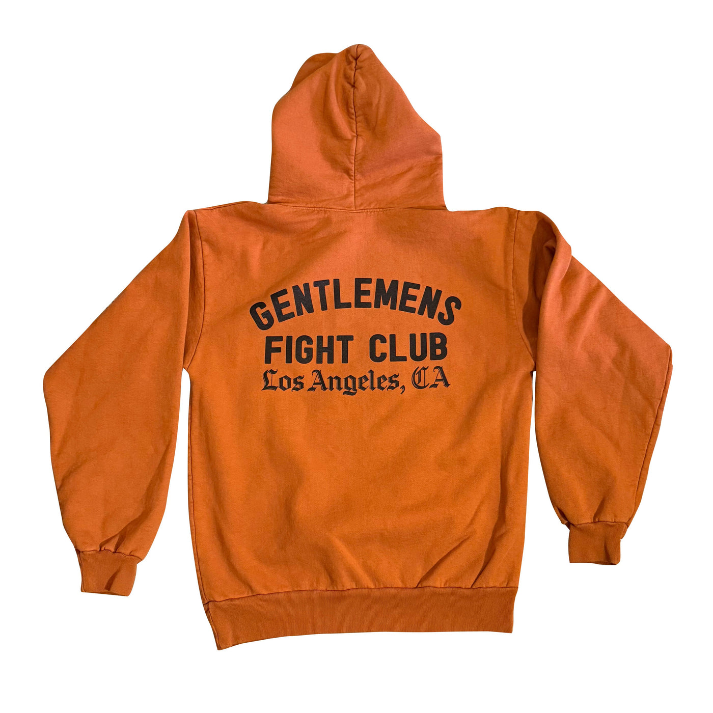 Orange hoodie with 'Gentlemen's Fight Club Los Angeles, CA' text on the back against a white background