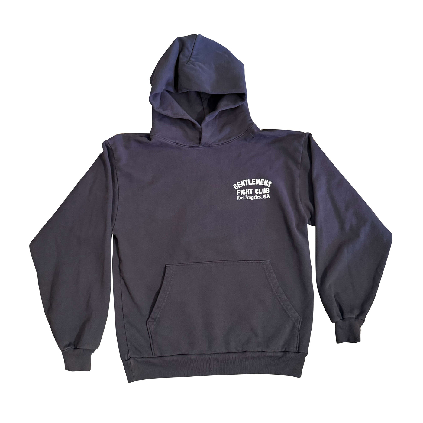 Dark Grey hoodie with white text on a white background