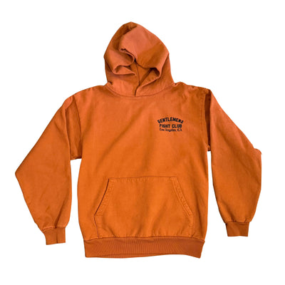 Orange hoodie with a brand logo on a white background