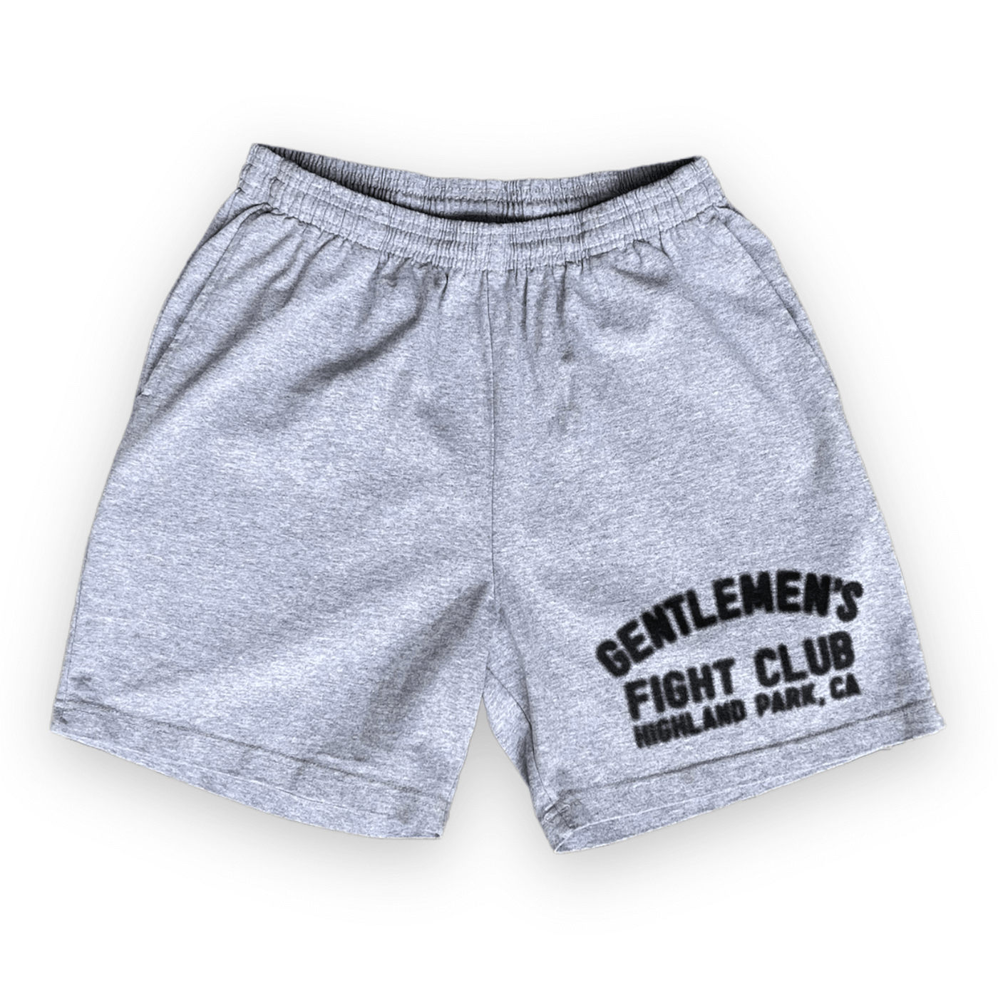 Athletic Grey shorts with elastic waist and blurry print that reads "Gentlemen's Fight Club Highland Park, CA"