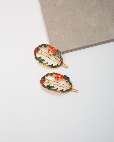 Cloisonné Hair Clips - Vine Ovals
