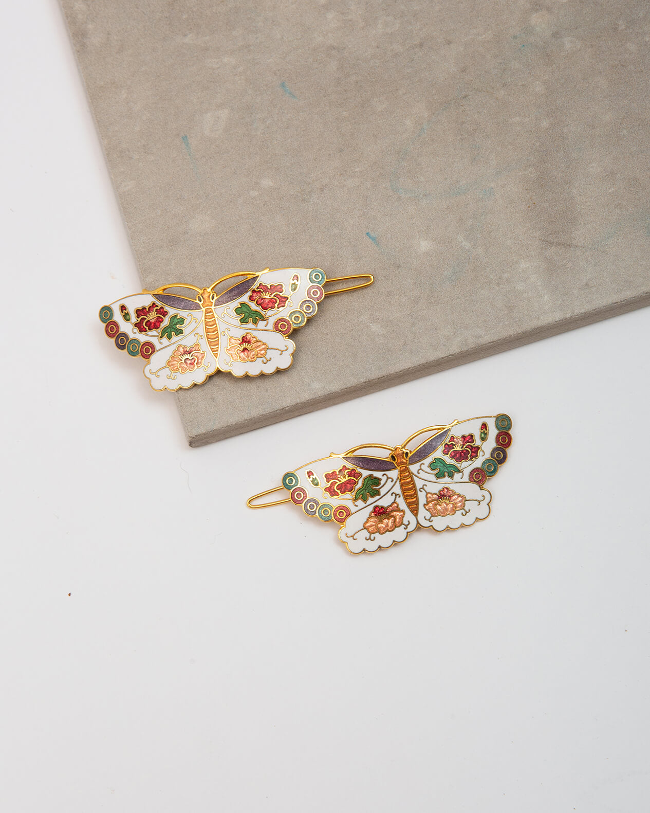 Deadstock Cloisonné Butterfly Hair Clips. White coloway
