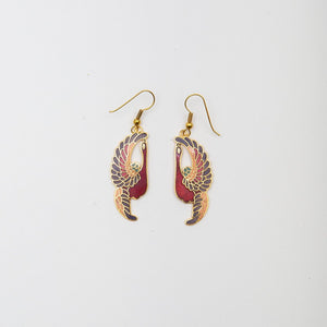 Cloisonné Crane Earrings Burgundy colorway.
