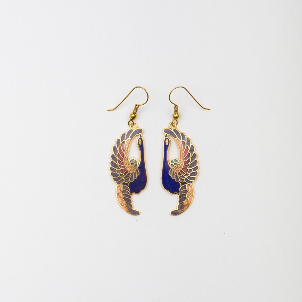 Cloisonné Crane Earrings Blue colorway.
