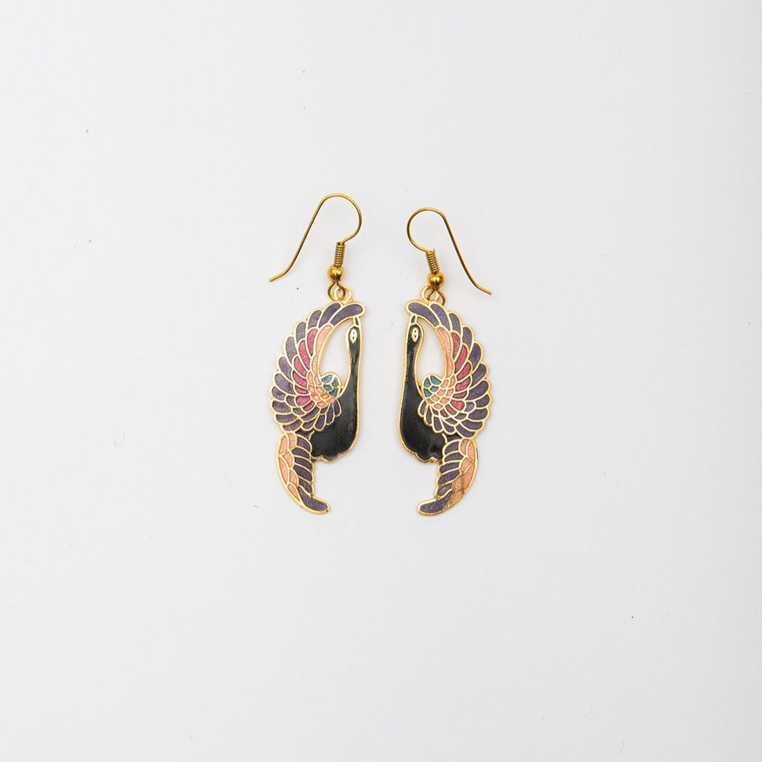 Cloisonné Crane Earrings Black colorway.