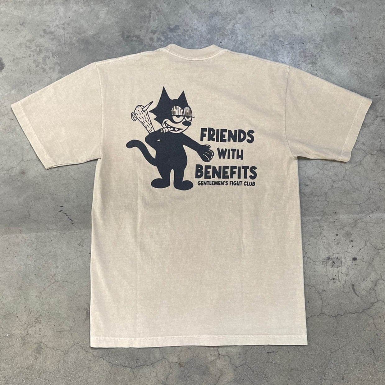 Back of Light Brown Tee with Cat holding bat with a nail in it and a cigar in it's mouth. Reads " Friends with Benefits, Gentlemen's Fight Club"
