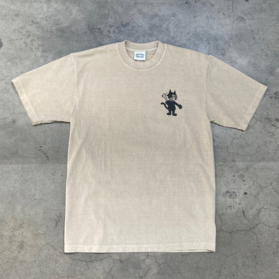 Front of light brown tee with same cat as the back