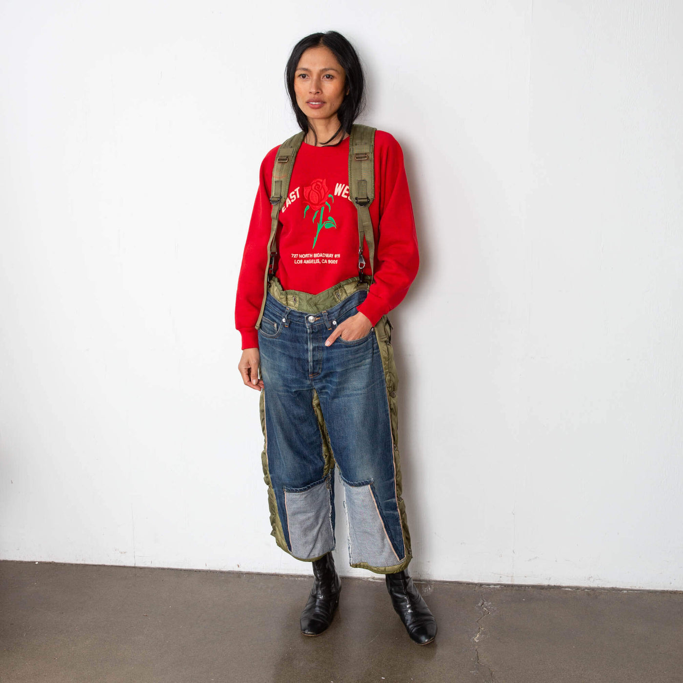 Upcycled Tay Trong Suspender pants with vintage quilted army pants with APC Selvedge Denim sewn on top. With suspenders.