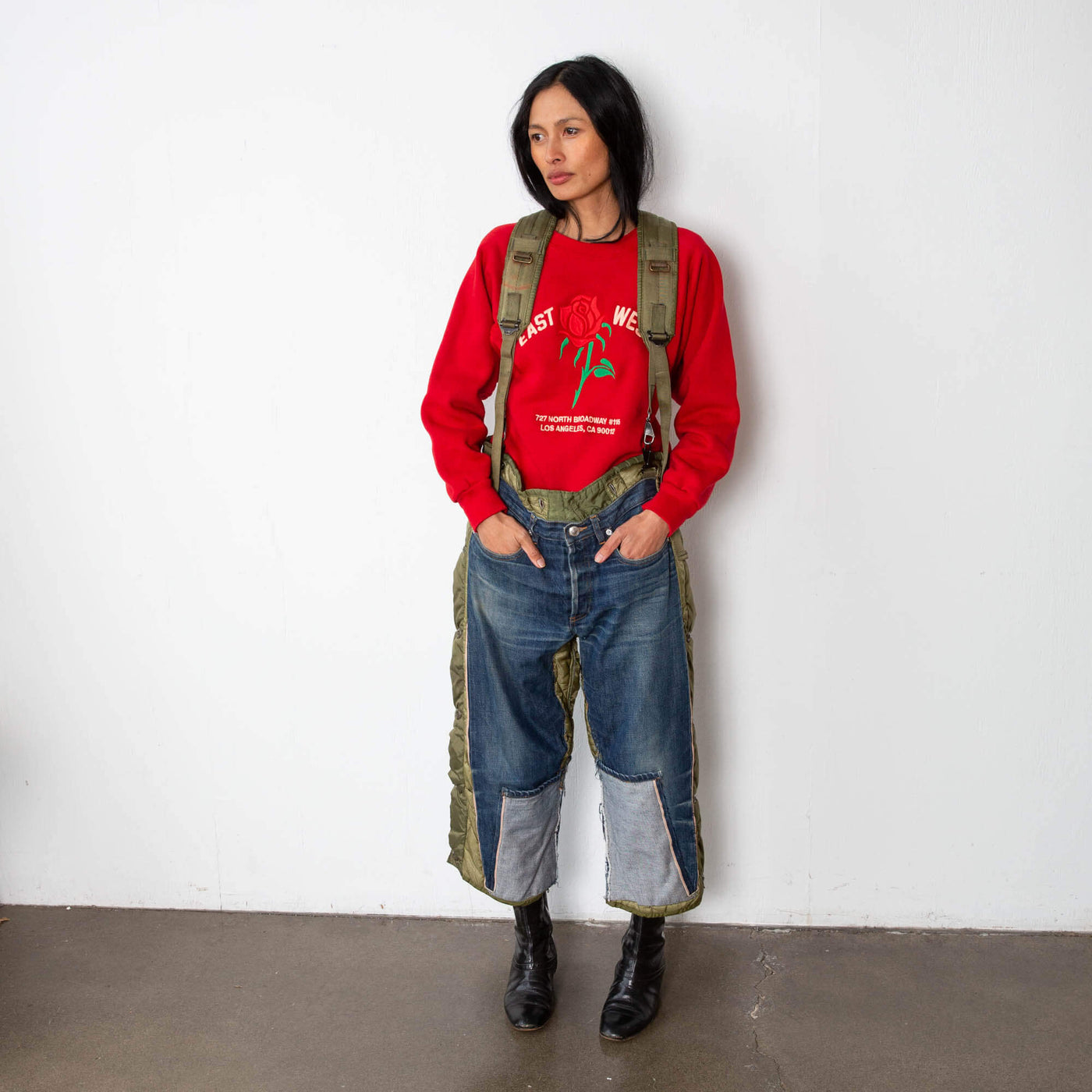 Upcycled Tay Trong Suspender pants with vintage quilted army pants with APC Selvedge Denim sewn on top. With suspenders.