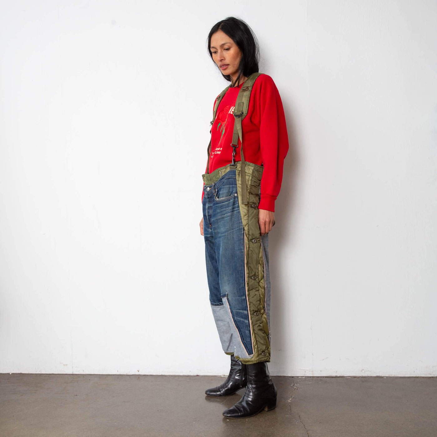 Upcycled Tay Trong Suspender pants with vintage quilted army pants with APC Selvedge Denim sewn on top. With suspenders.