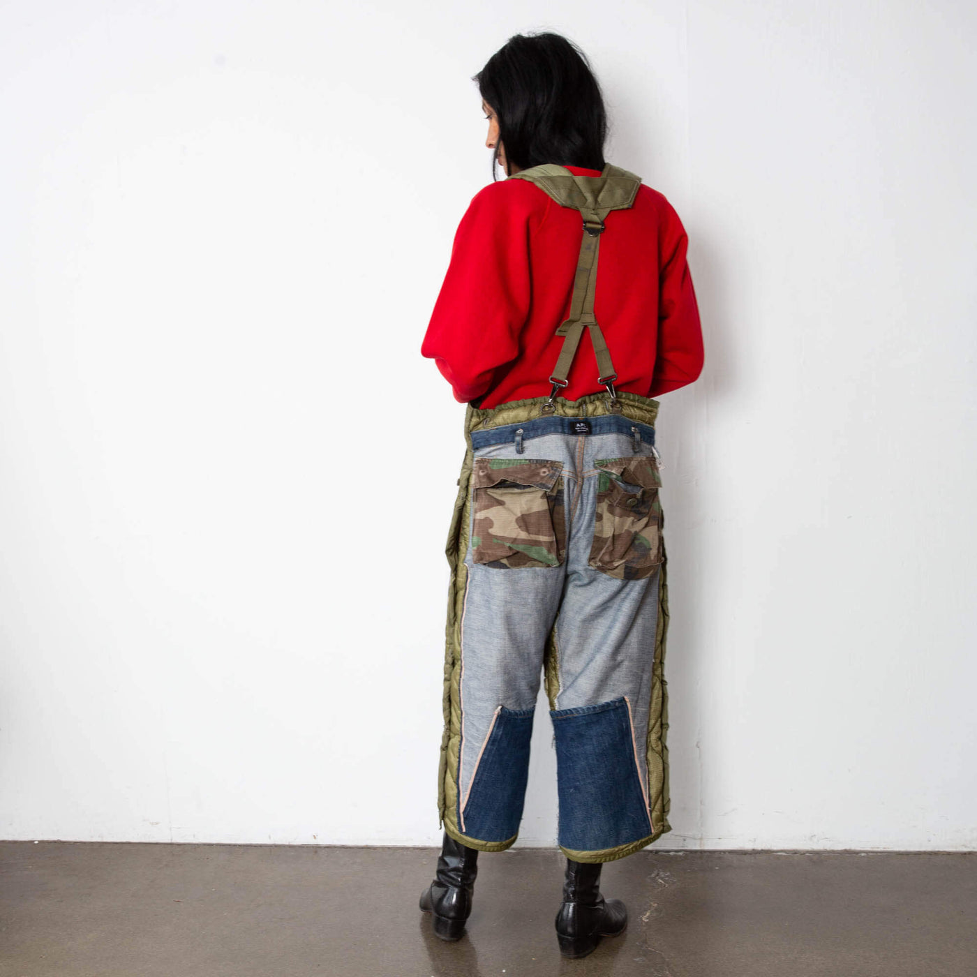 Upcycled Tay Trong Suspender pants with vintage quilted army pants with APC Selvedge Denim sewn on top. With suspenders.