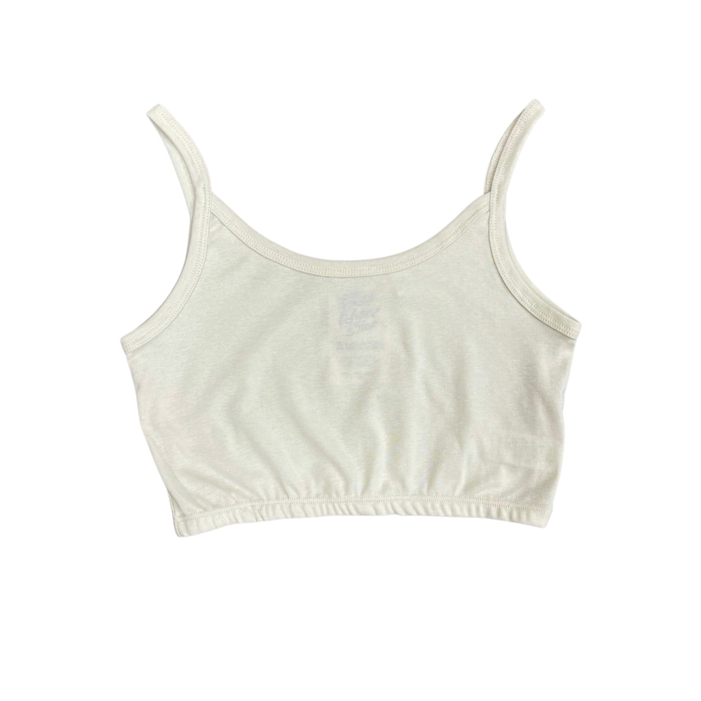 Natural colored tank top with thin straps and elastic on the hem.  