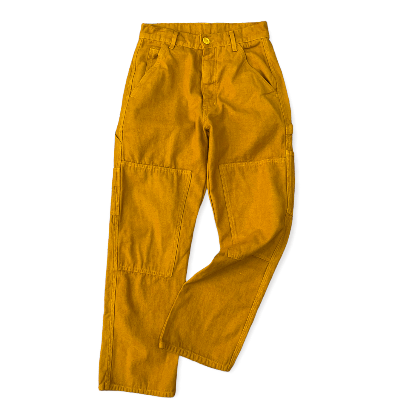 Front view of trouser shows matching button and front knee patches